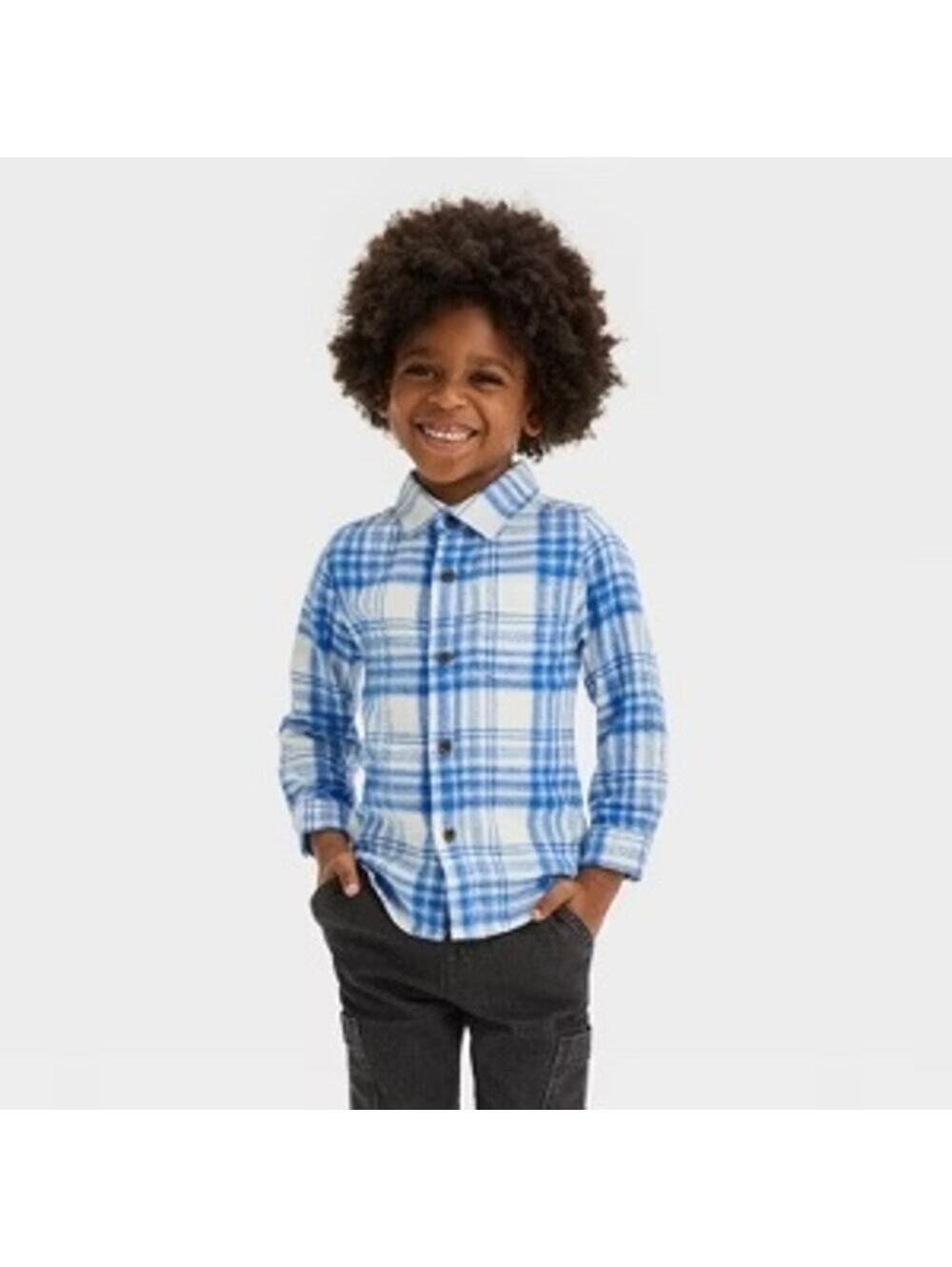 Cat & Jack NWT Toddler Boy Blue White Plaid Flannel Button Down Shirt 18M
